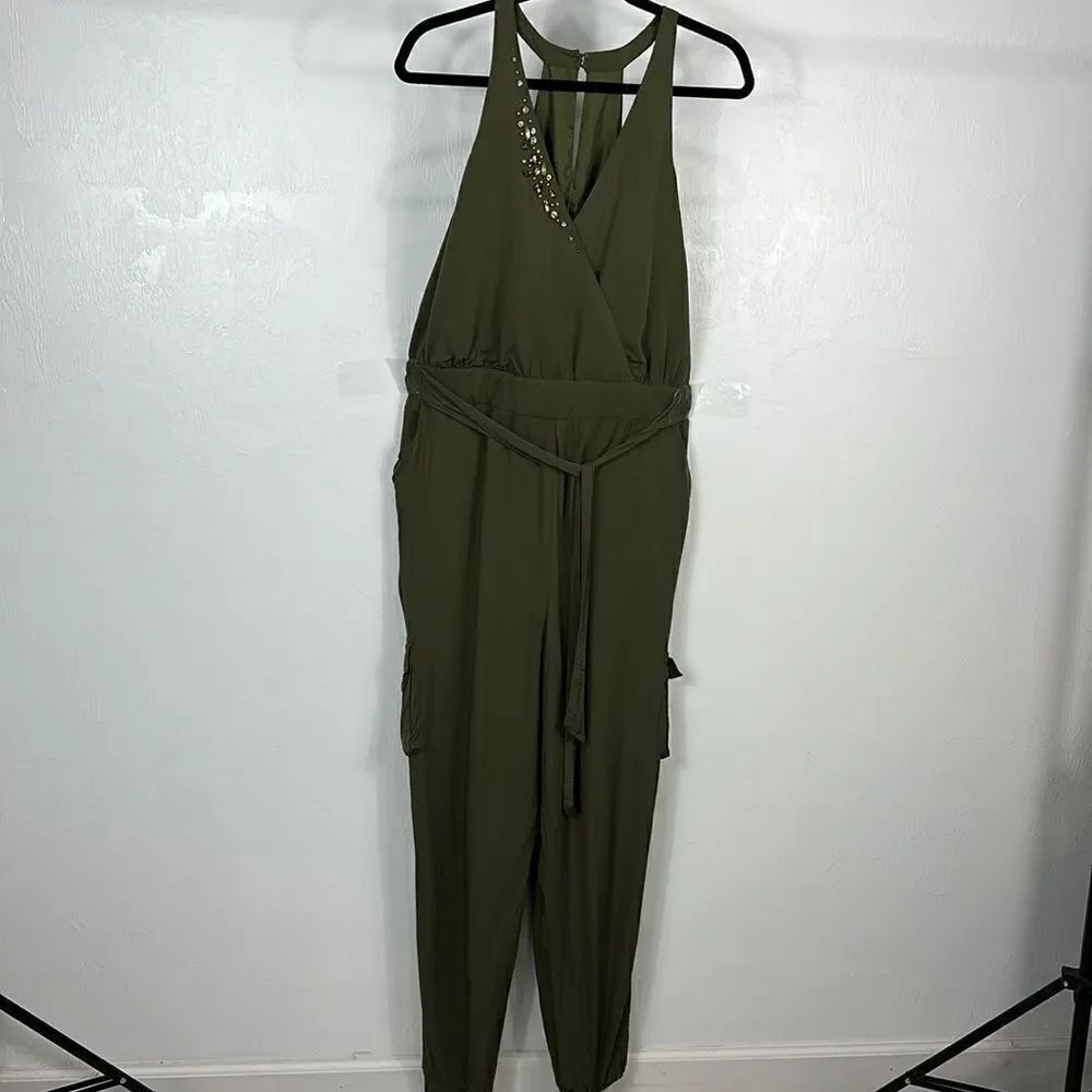 ❤️Last Chance Venus Dark Green Halter Jewel Neck Tie Waist Jumpsuit Size 1X